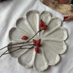 handmade organic minimal stonware lotus and petal white plate fired and made with  love